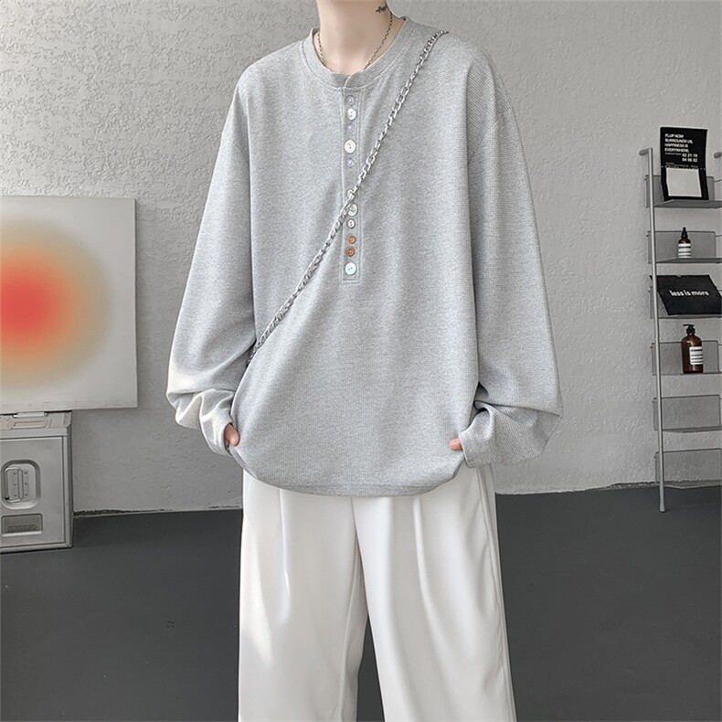 8XL-M 慵懒肌理感华夫格廓形云母贝纽扣长袖T恤打底长袖CX3006P48图片