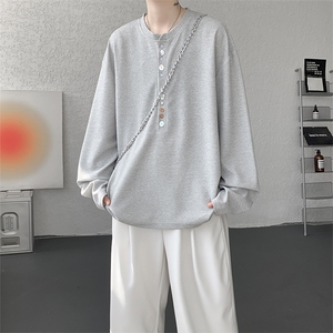 8XL-M 慵懒肌理感华夫格廓形云母贝纽扣长袖T恤打底长袖CX3006P48图片