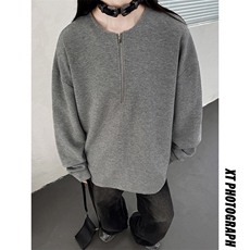 主推美式半拉华夫格纯色长袖T恤卫衣中性打底衫男女H975特P28，男装T恤，电商A341