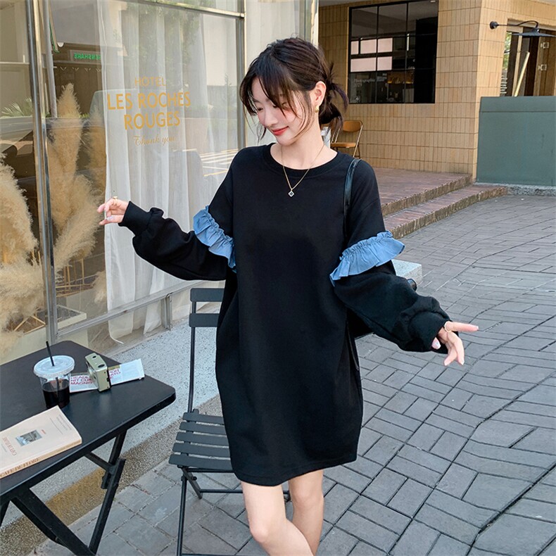 木耳边拼接长袖连衣裙女2024秋季新款设计感小众宽松显瘦卫衣裙潮图片