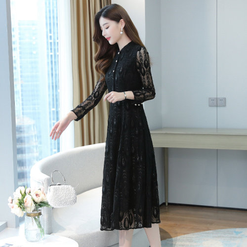蕾丝连衣裙女春秋新款气质收腰显瘦中长款黑色遮肚长袖裙子,女装连衣裙,潮品会