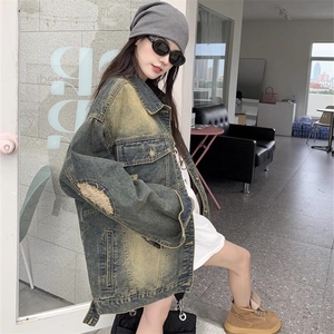 新款复古做旧破洞牛仔外套女春秋美式宽松炸街夹克上衣L88399-p65图片