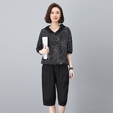 连帽卫衣套装女2025夏季新款时尚中老年妈妈半袖豹纹休闲裤两件套，女装套装/套裙，涵誉