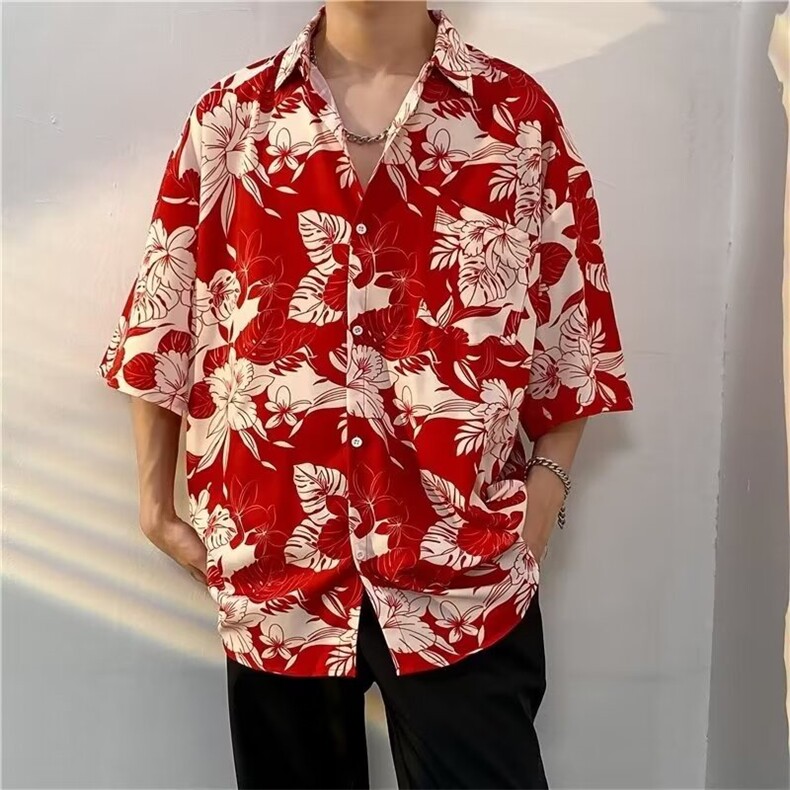港风vintage花衬衫男女复古夏威夷痞帅宽松情侣短袖衬衣潮牌外套,男装衬衫,电商B212（原钱塘6029）