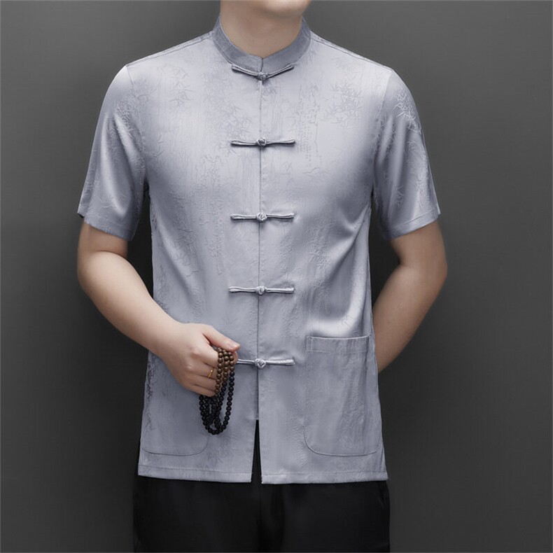 2025夏季风唐装短袖衬衫男装汉服盘扣立领休闲男士衬衣图片
