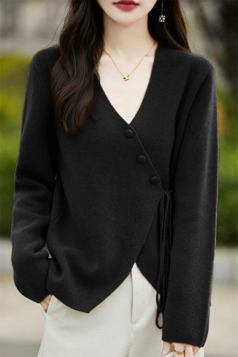 交叉V领100%羊毛开衫女长袖针织外套毛衣宽松羊绒衫系带外搭上衣,女装羊毛衫,忠诺羊绒