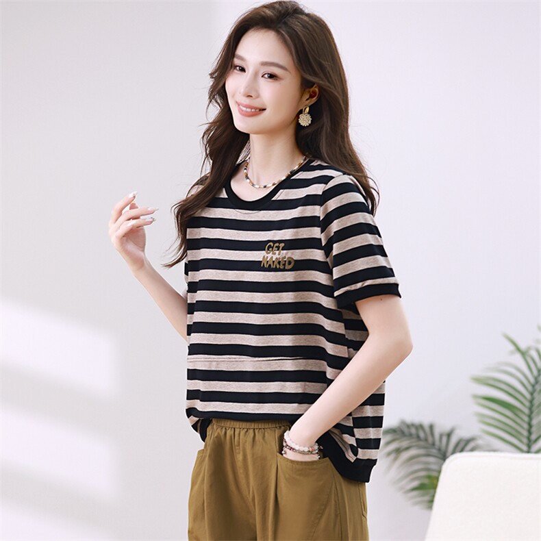 复古条纹撞色正肩短袖t恤女2025新款夏季圆领设计感小众上衣体恤，女装T恤，梦芯尔
