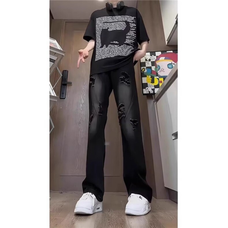 美式破洞牛仔裤男高街炸街痞帅宽松直筒裤潮513ACK2691P40,男装牛仔裤,星座513A