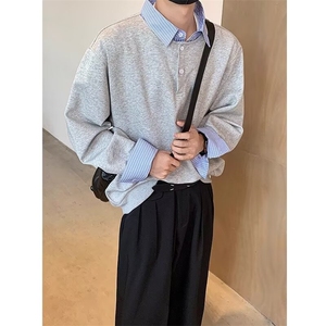假两件撞色拼接衬衫领卫衣男女秋季长袖翻领宽松情侣款设计感上衣,咖色袜子搭配什么衣服图片