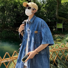 2023夏季短袖牛仔衬衫男款潮牌港风日休闲宽松半袖外套CS06-P45，男装衬衫，星座308B-2