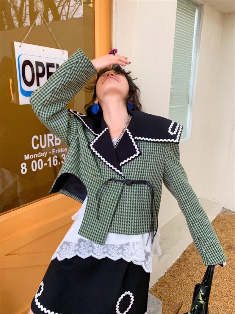 大翻领绿格纹套装，女装职业装，YOUER DENG