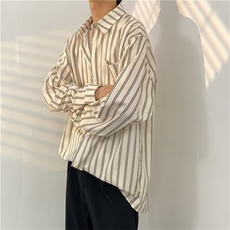 夏季日系复古简约竖条纹长袖衬衫休闲时尚衬衣上衣C2309p33，男装衬衫，星座1013