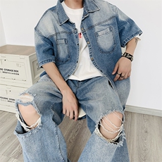 夏季牛仔短袖衬衫男休闲套装潮牌男装搭配一套衬衣服TZ0624-P100，男装休闲套装，星座308B-2