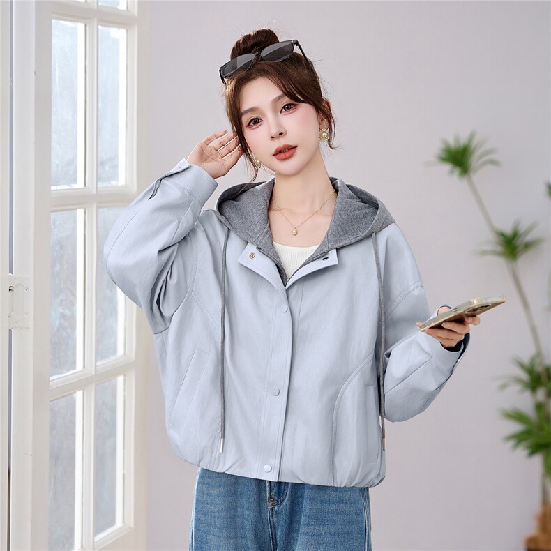 2026年春季休闲减龄假两件连帽皮衣短外套，女装短外套，深水步