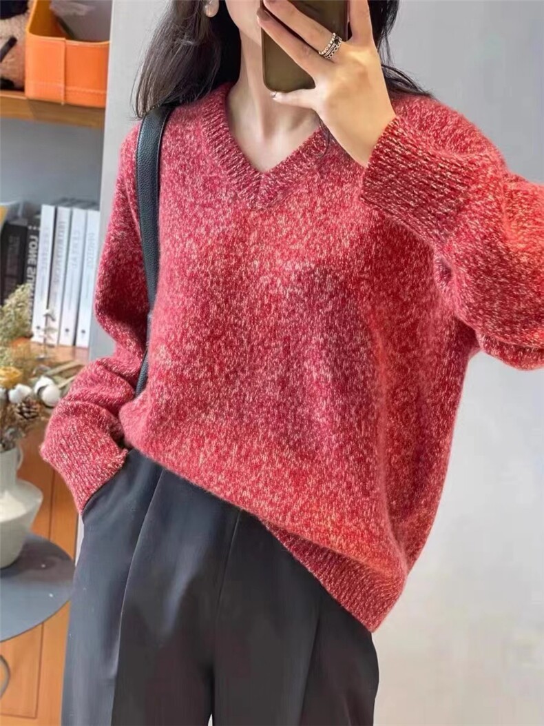 长袖2024年秋季V领套头羊毛纯色针织衫,女装羊毛衫,鑫之绒