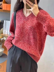 长袖2024年秋季V领套头羊毛纯色针织衫，女装羊毛衫，鑫之绒