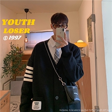 条纹开衫毛衣男秋季复古日系慵懒V领针织衫潮宽松外套M233-P43，男装针织衫/毛衣，星座512-4