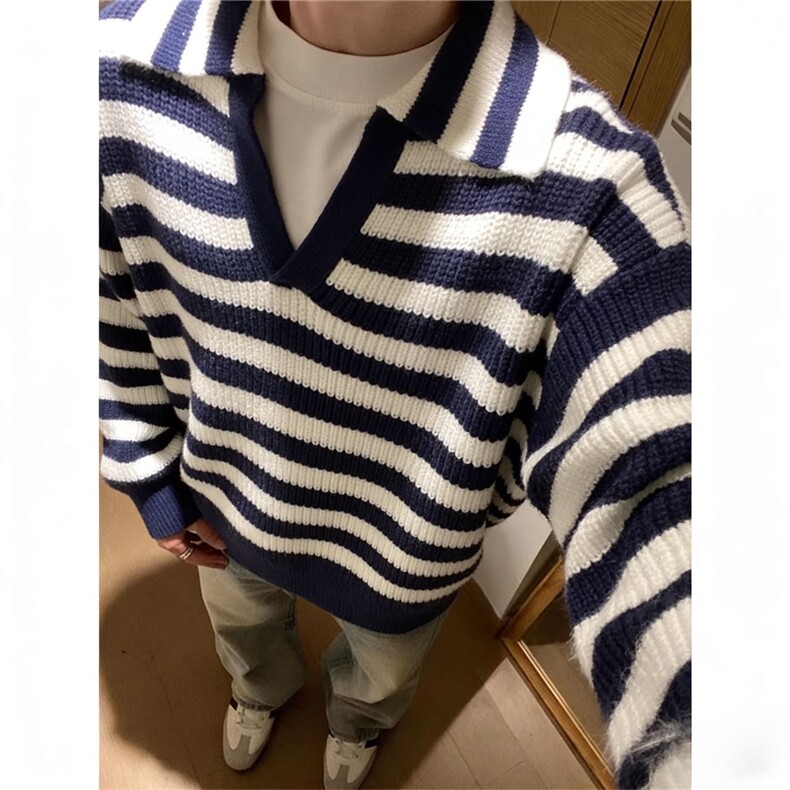 领海军蓝老钱松弛感条纹毛衣男针织衫,男装针织衫/毛衣,四季星座505