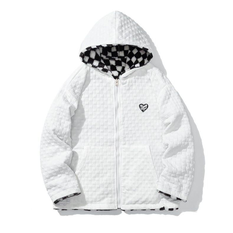1白底华夫格两面穿小方格羊羔毛连帽棉衣男8728P125控168图片