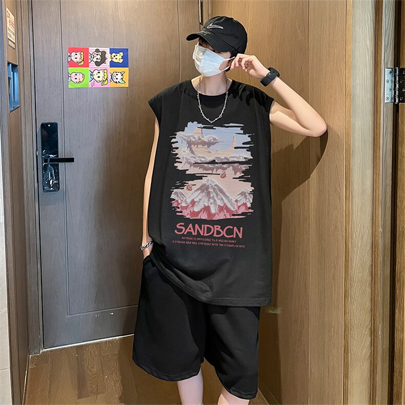 直播品质美式宽松纯棉背心无袖t恤短裤大码两件套套装TZ91-P58,男装T恤,电商A486