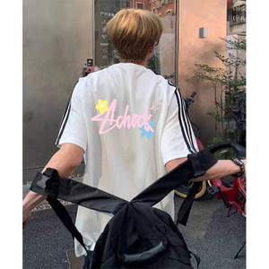 抖音得物高品质二开240克宽松纯棉美式潮牌三条杠织带短袖T恤图片