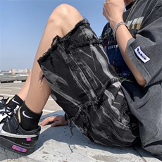 ins欧美高街暗黑扎染印花毛边牛仔短裤潮Z20P38，男装牛仔裤，星座1116-2