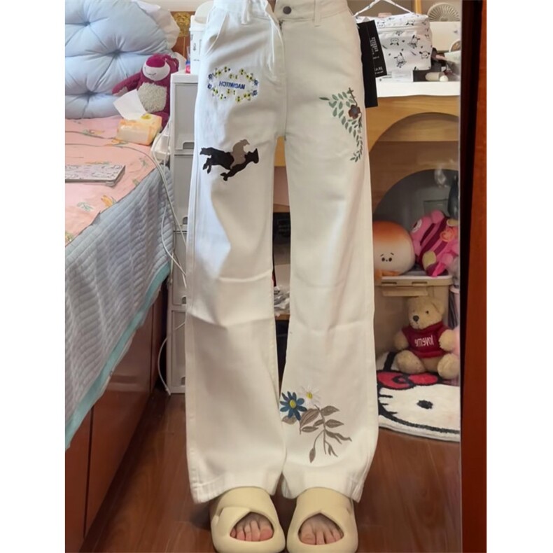 美式高街花朵印花刺绣牛仔裤男女春秋设计感弯刀裤重磅痞帅直筒裤图片