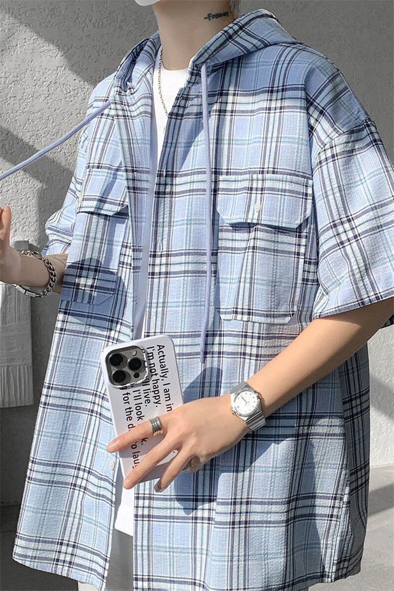 现货T10118-特批42控78活力格子衬衫男女宽松T恤短袖连帽开衫,男装T恤,电商A059