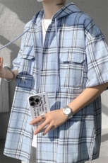 现货T10118-特批42控78活力格子衬衫男女宽松T恤短袖连帽开衫，男装T恤，电商A059