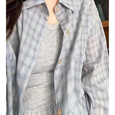 夏季轻薄格子防晒衬衣男女宽松灰蓝色格纹中长款长袖衬衫CS107，男装防晒衣，星座1116A（原606A-3）