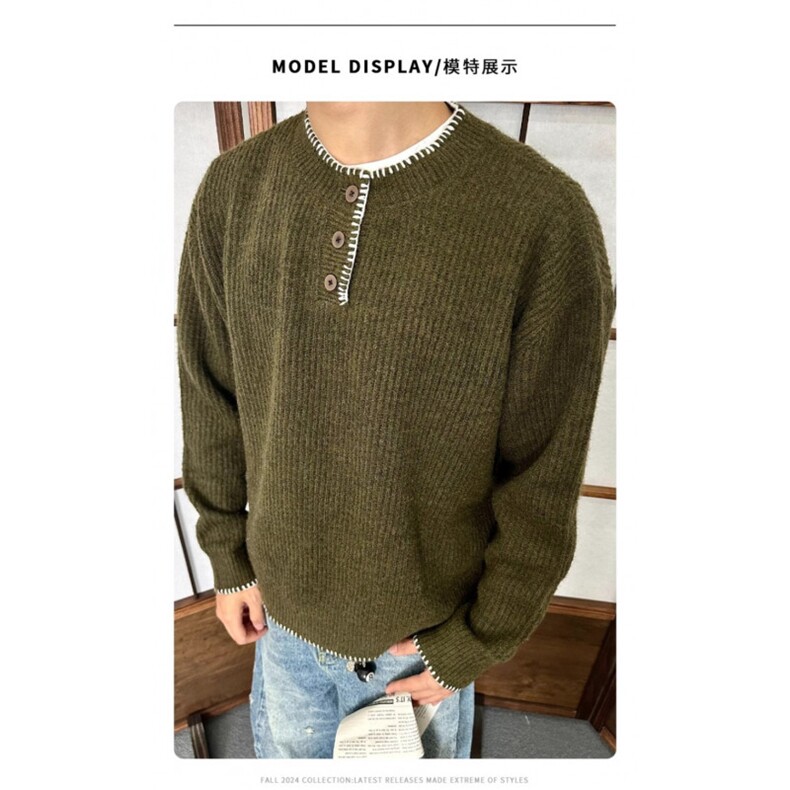 Cleanfit珠地设计感亨利领毛衣百搭慵懒风手工缝线针织衫外套秋冬，男装针织衫/毛衣，四季星座505