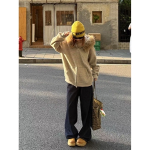 网图美式复古条纹连帽卫衣外套男高级感情侣针织开衫JK0721-特P88图片