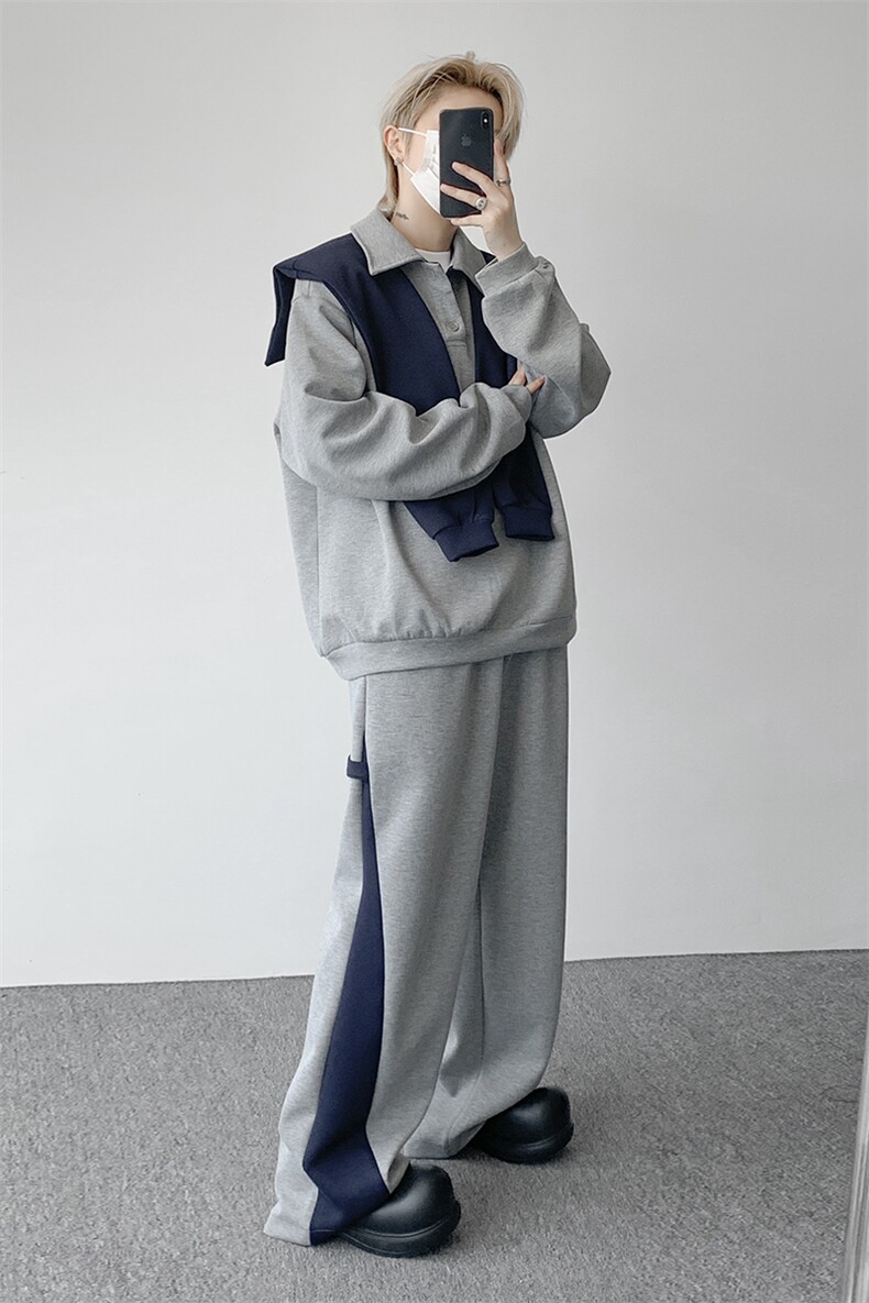 5XL-M潮流高级感披肩撞色拼接翻领百搭卫衣宽松弯刀长裤TZ113P118,男装休闲套装,电商D206-1