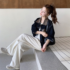 深蓝色复古PU皮翻领拼接牛仔外套女2025秋小个子气质休闲短款夹克，女装短外套，2C129