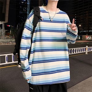 新款条纹长袖男oversize美式复古2021设计感小众奶系T恤 T726-P26图片