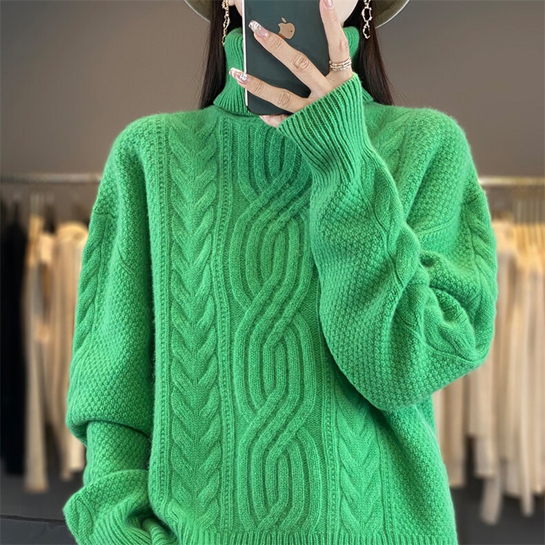 时尚高领女式羊毛衫纯色绞花设计羊毛保暖舒适,女装羊毛衫,聚奥羊绒