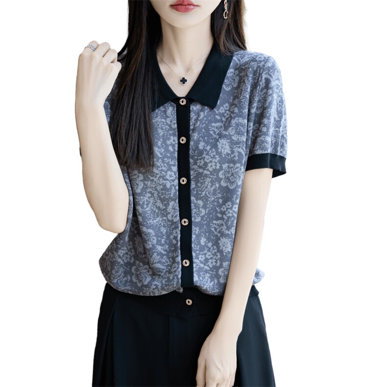 撞色提花天丝POLO领针织短袖开衫T恤女2025夏显瘦宽松大码t恤上衣,女装T恤,唐诺