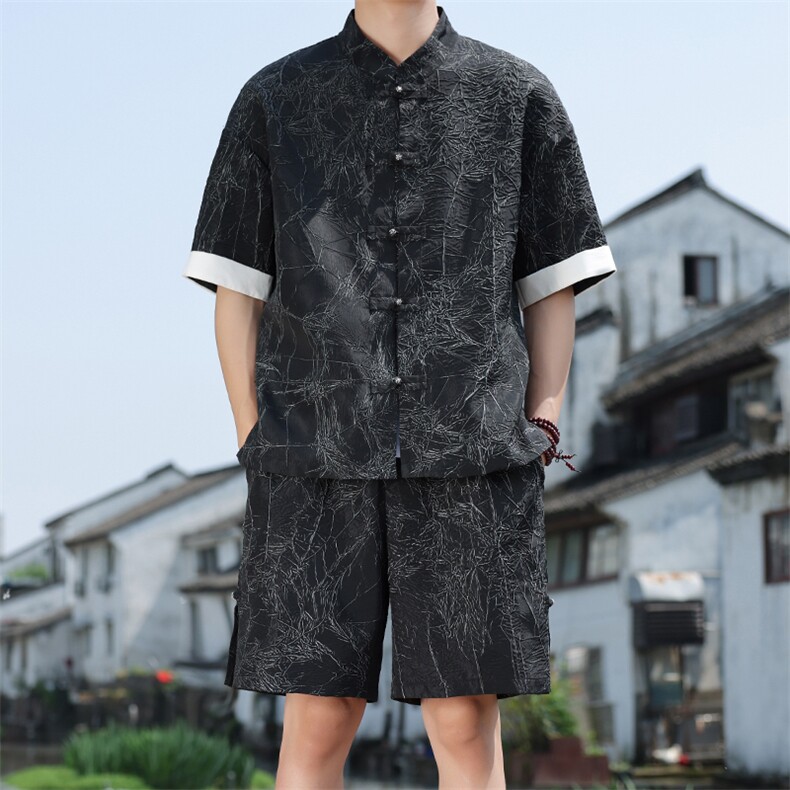 2025夏季新款男装新中式衬衣风金属盘扣拼接短袖衬衫C98-P60,男装衬衫,电商B277(原6028)
