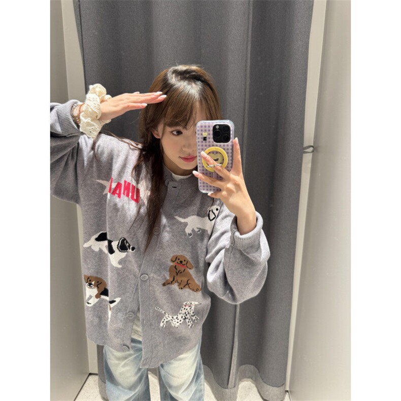 【有货】X054CC-特P65卡通小狗开衫毛衣男女圆领针织衫外套,男装针织衫/毛衣,星座1007（原301D）