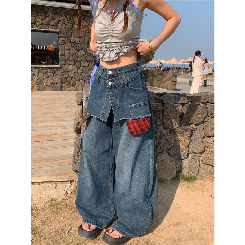 假两件设计感格子拼接牛仔裤女2025新款美式复古宽松阔腿弯刀裤子,男装牛仔裤,星座506A