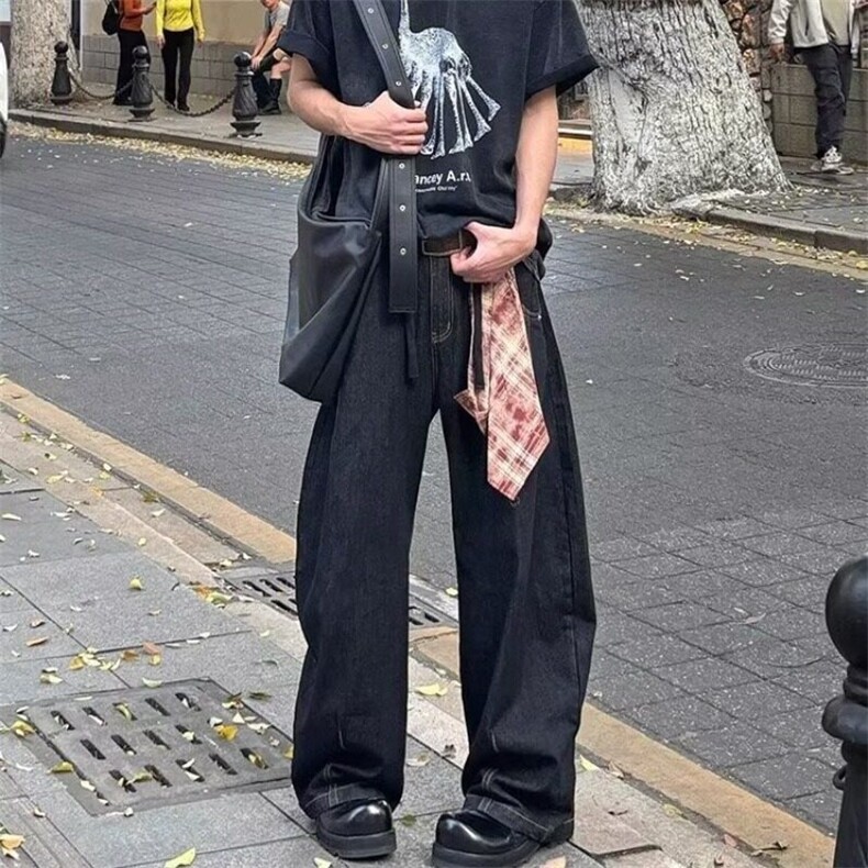 复古黑色阔腿弯刀牛仔裤男美式设计感格子拼接百搭直筒裤,男装牛仔裤,星座506A