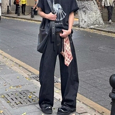复古黑色阔腿弯刀牛仔裤男美式设计感格子拼接百搭直筒裤，男装牛仔裤，星座506A