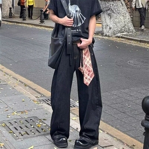 复古黑色阔腿弯刀牛仔裤男美式设计感格子拼接百搭直筒裤图片