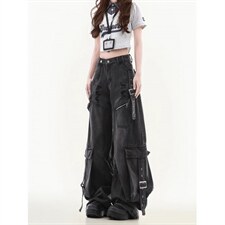 有货。重工飘带牛仔裤女2026多口袋阔腿裤子RK3420-P80，男装牛仔裤，星座412-3