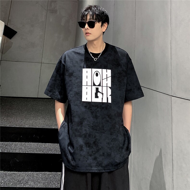 日系水洗美式复古T恤蜡染落肩宽松休闲圆领短袖男士夏季T708-P30，男装T恤，电商C307A