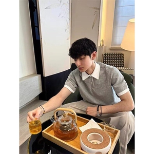 韩系穿搭假两件拼接灰色polo衫男女夏季潮牌小众设计感短袖T恤潮图片