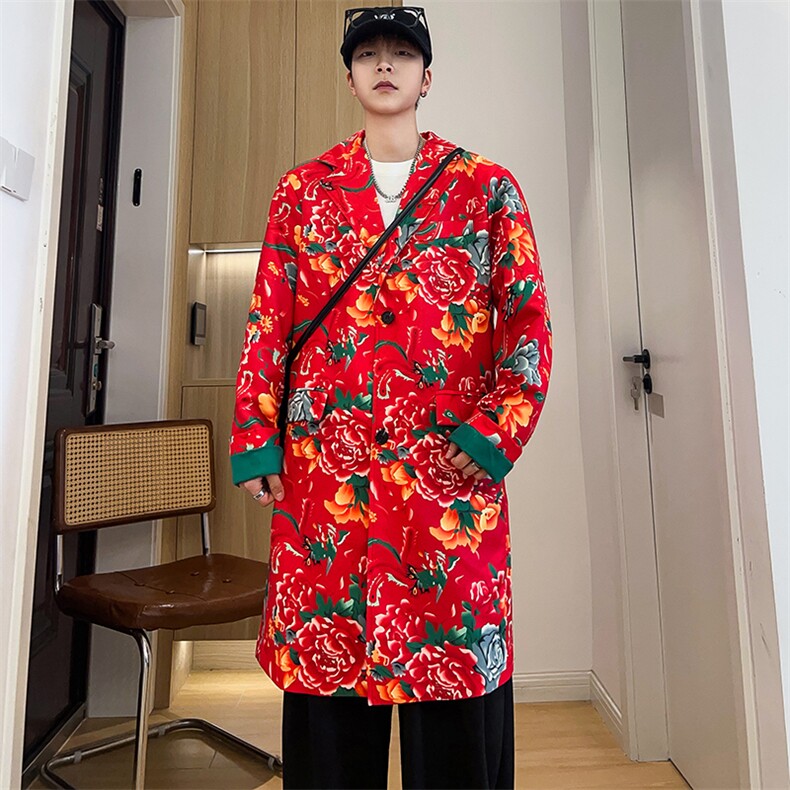 Y001男士中长款休闲风衣外套东北大花帅气外衣潮大码M-5XL,男装风衣,星座115A(原星座507）