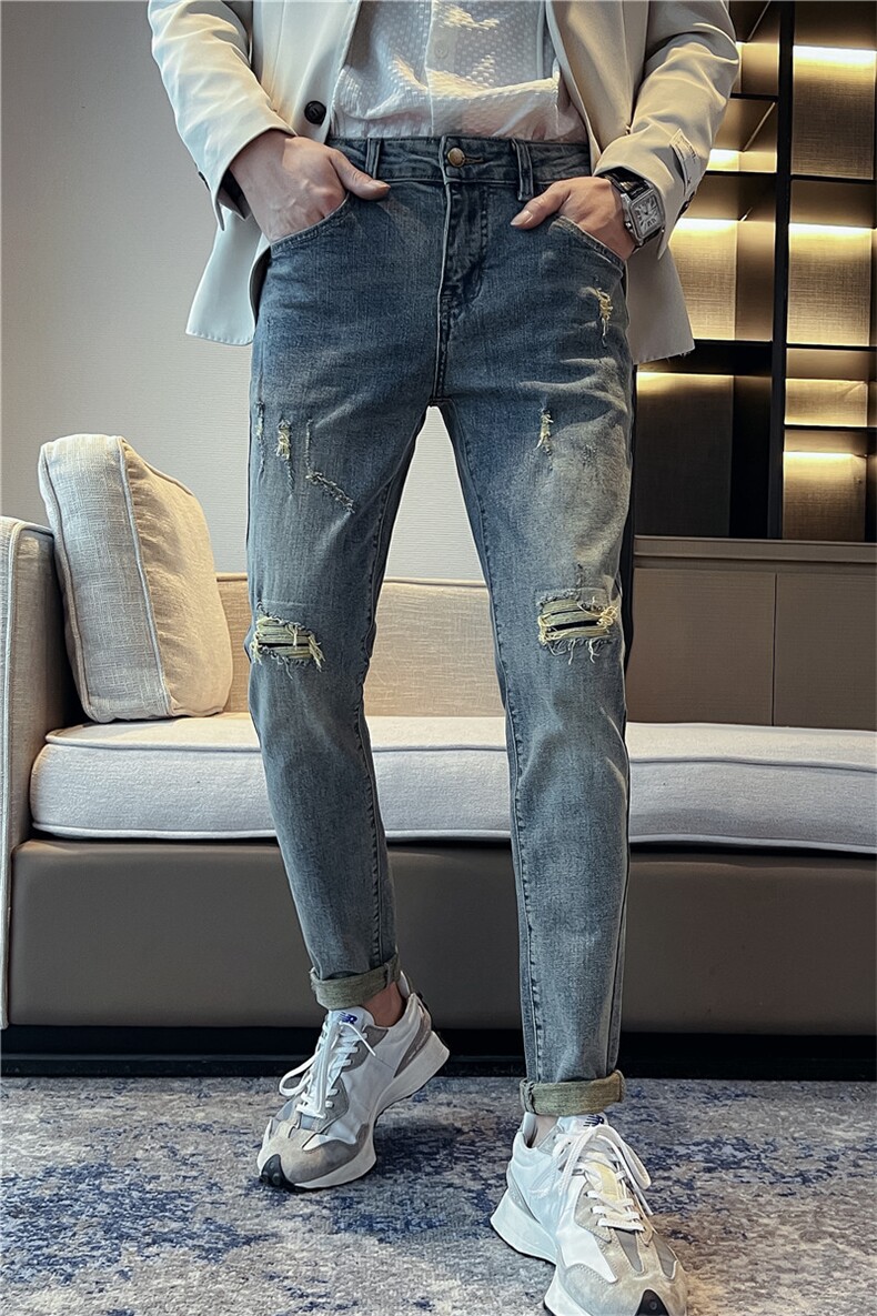 B230时尚百搭复古做旧破洞补丁修身小脚牛仔裤男长期款7706P85,男装牛仔裤,电商B230