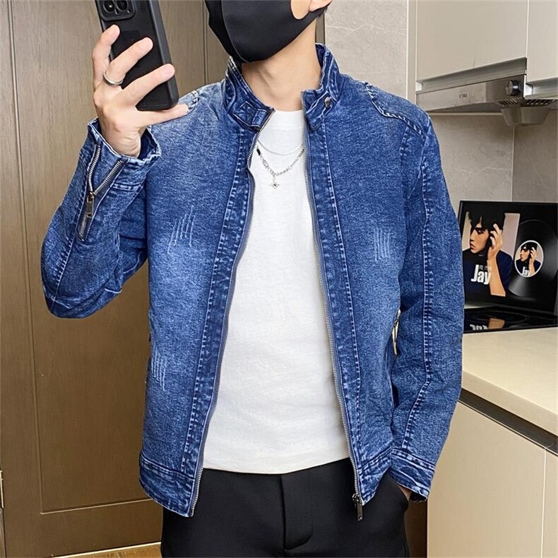 JK1826-P100牛仔夹克男立领水洗复古修身潮流男士机车服外套,男装夹克,电商D310B-1