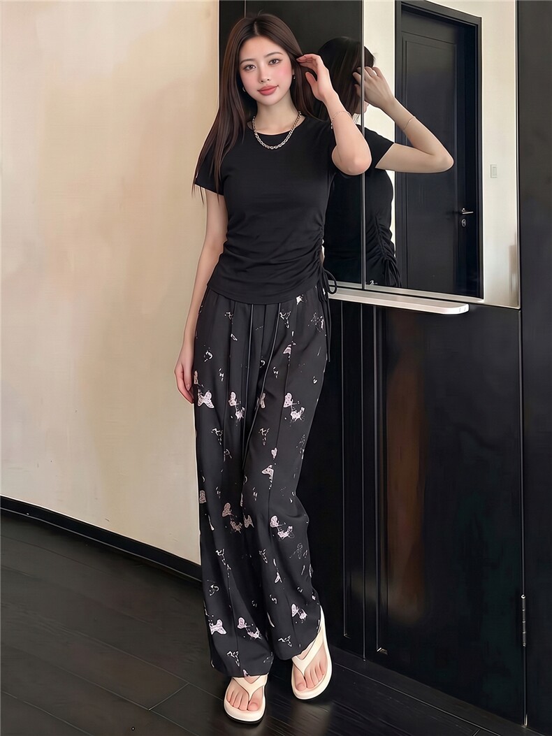 韩版休闲运动套装女夏季新款修身显瘦圆领短袖上衣印花长裤两件套,女装套装/套裙,江南